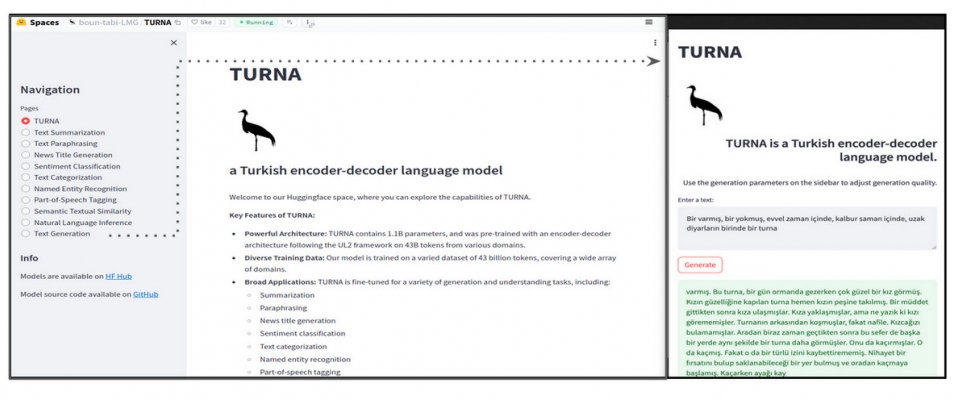 TURNA's user interface with a text generation example
